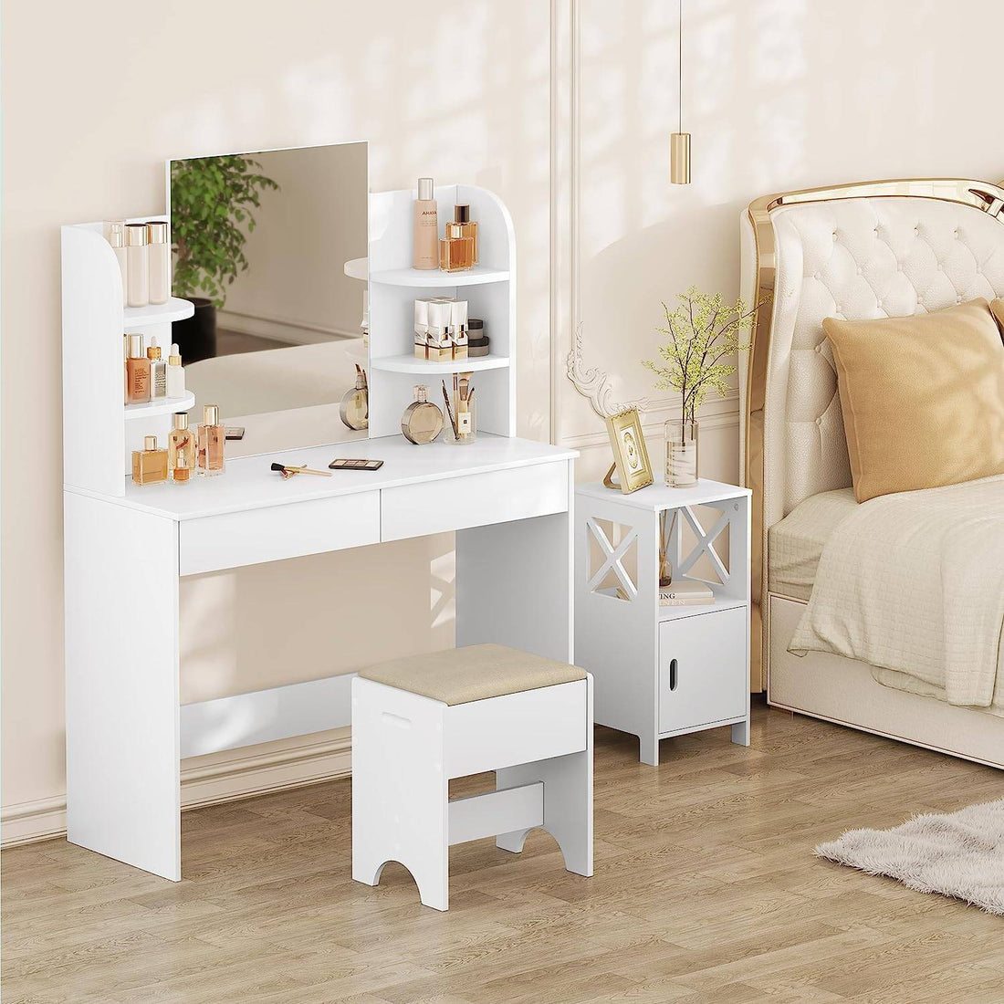 Make-upkruk met linnen bekleding, houten, 150 kg belastbaar | Wit Beige | 40x30x45 cm
