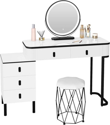 Make-uptafel met fluwelen kruk, ledspiegel en zijkast | Wit + Zwart