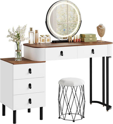 Make-uptafel met fluwelen kruk, ledspiegel en zijladekast | Oranjebruine houtlook | 100x40x126 cm