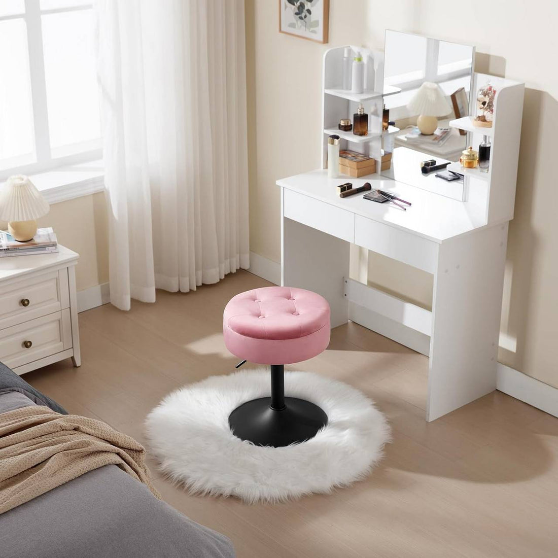 Justerbar barstol med förvaring i sammet | Rosa | 38x38x50-66,5 cm