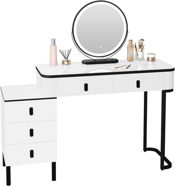 Kaptafel met LED-spiegel, 2 laden en zijkast | Wit + Zwart | 100x40x126 cm