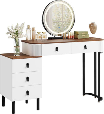 Kaptafel met LED-spiegel, 2 laden en zijkast | Oranjebruine houtlook | 100x40x126 cm