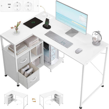 L-vormig hoekbureau met stopcontacten en USB | Wit | 120x80x75 cm