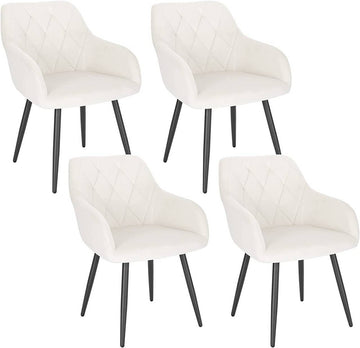 Set van 4 eetkamerstoelen met armleuningen en fluwelen bekleding | Donkergrijs, zwart, crèmewit