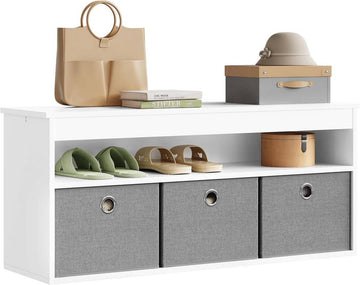 Schoenenbank met zitvlak en opbergruimte, 3 stoffen laden | Wit | 102x30x45 cm