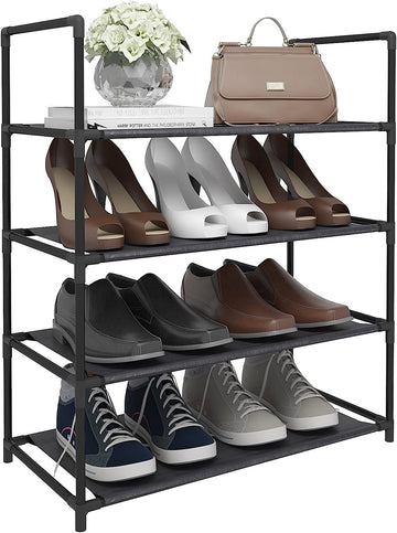 Schoenenrek met 4 planken voor 12 paar schoenen | Zwart | 60x28x71 cm