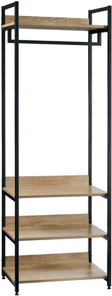 Kledingrek met drie planken van staal en spaanplaat | Licht eiken en zwart | 40x60x170 cm