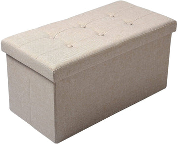 Opvouwbare zitpoef met opbergruimte van linnen | Beige | 76x37,5x38 cm
