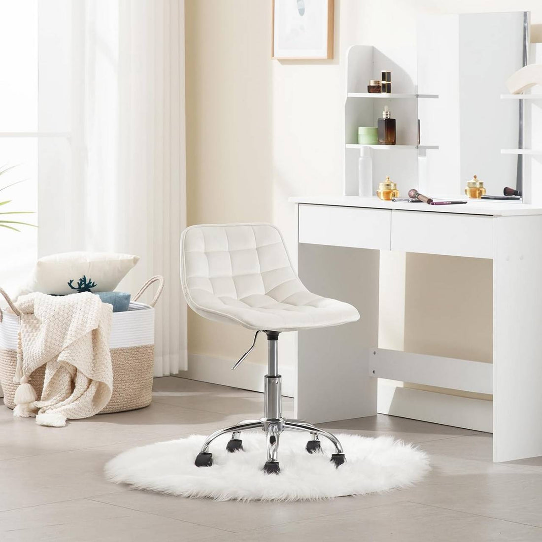 Ergonomischer Bürostuhl mit Rollen, drehbar, Samt creme | 43x50x60-67,5 cm