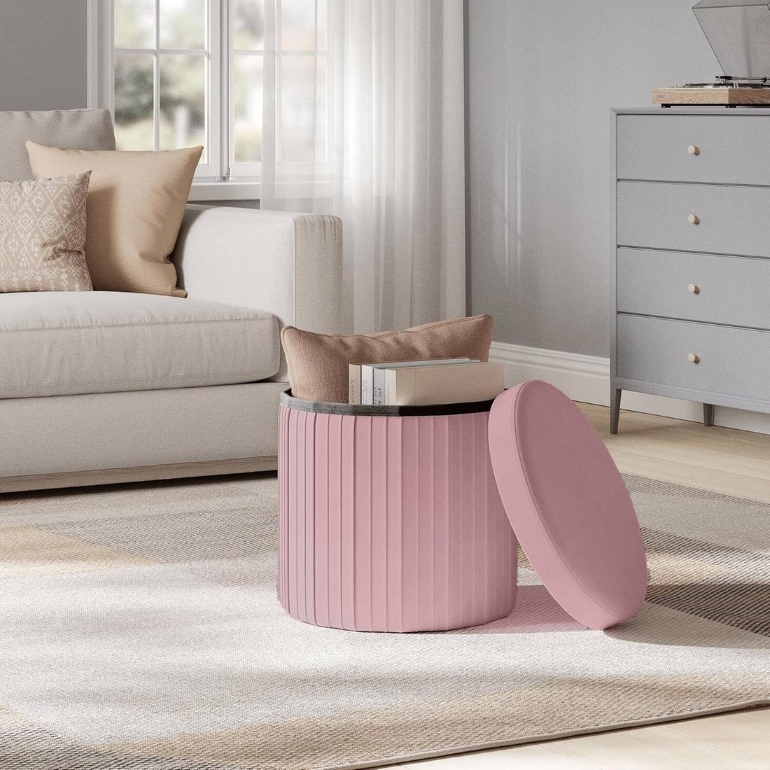 Opvouwbare opberghocker met deksel van velvet | Roze | 38x38x36 cm
