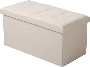 Opberghocker met opbergruimte en linnen zitvlak | Cremewit | 76x37,5x38 cm