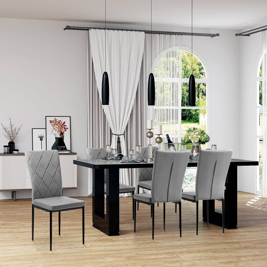 Set van 4 eetkamerstoelen, fluweel, hoge rugleuning, metalen poten | Donkergrijs | 42x59x94,5 cm