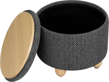 Ronde opberghocker met dienblad en houten poten | Donkergrijs | 39x39x33 cm