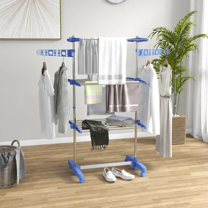 Kledingdroogrek op wielen - Opvouwbaar droogrek | Kleur: Blauw | Afmetingen: 55x142x152 cm