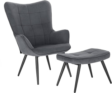 Relaxfauteuil met hocker van ribfluweel | Donkergrijs | 44x49x99 cm