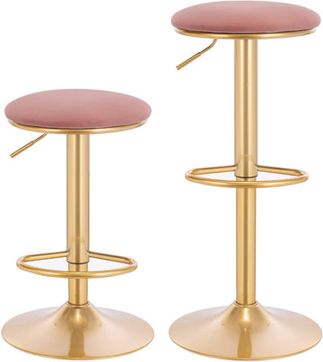2 verstelbare barstoelen met voetsteun van fluweel | Roze | 38x38x61-82 cm