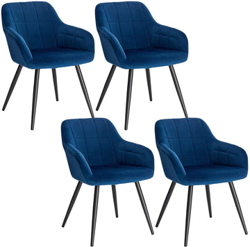 Set van 4 eetkamerstoelen met armleuningen van fluweel en metalen poten | Blauw | 49x43x81 cm