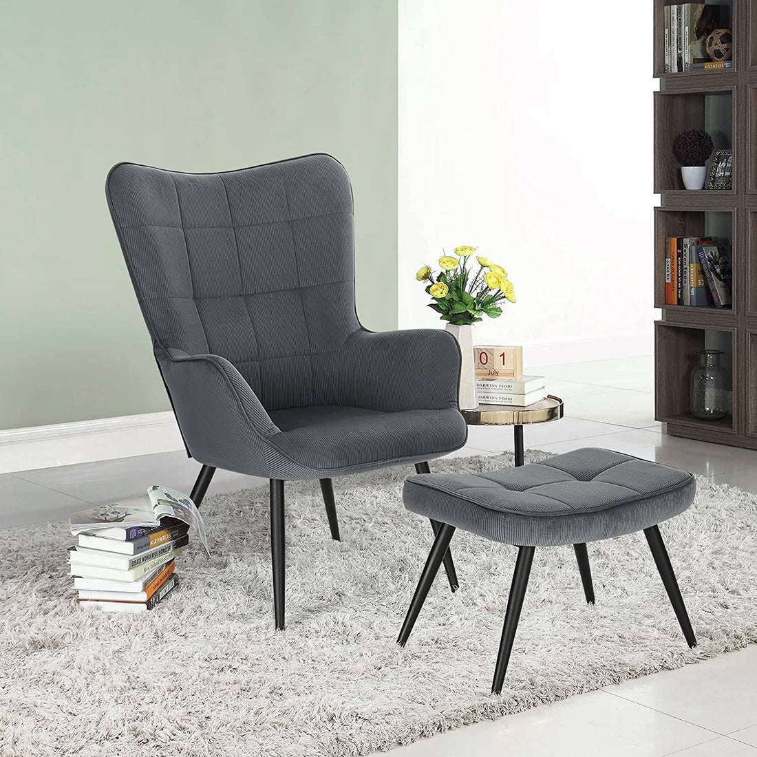Relax-Sessel mit Hocker aus Cord | Dunkelgrau | 44x49x99 cm