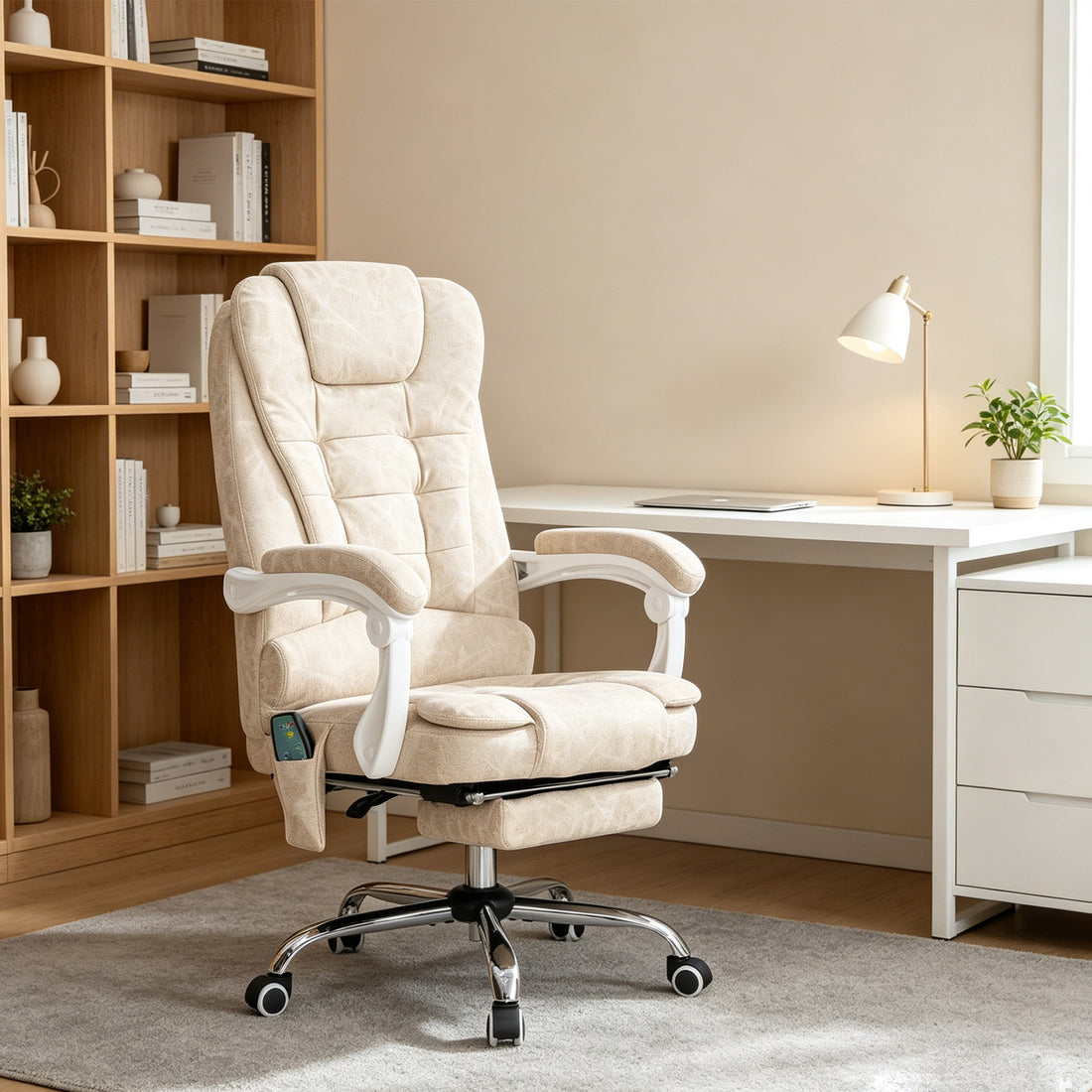 Bureaustoel met massagefunctie en voetensteun | Kleur: Creme | Afmetingen: 65x70x111-119 cm