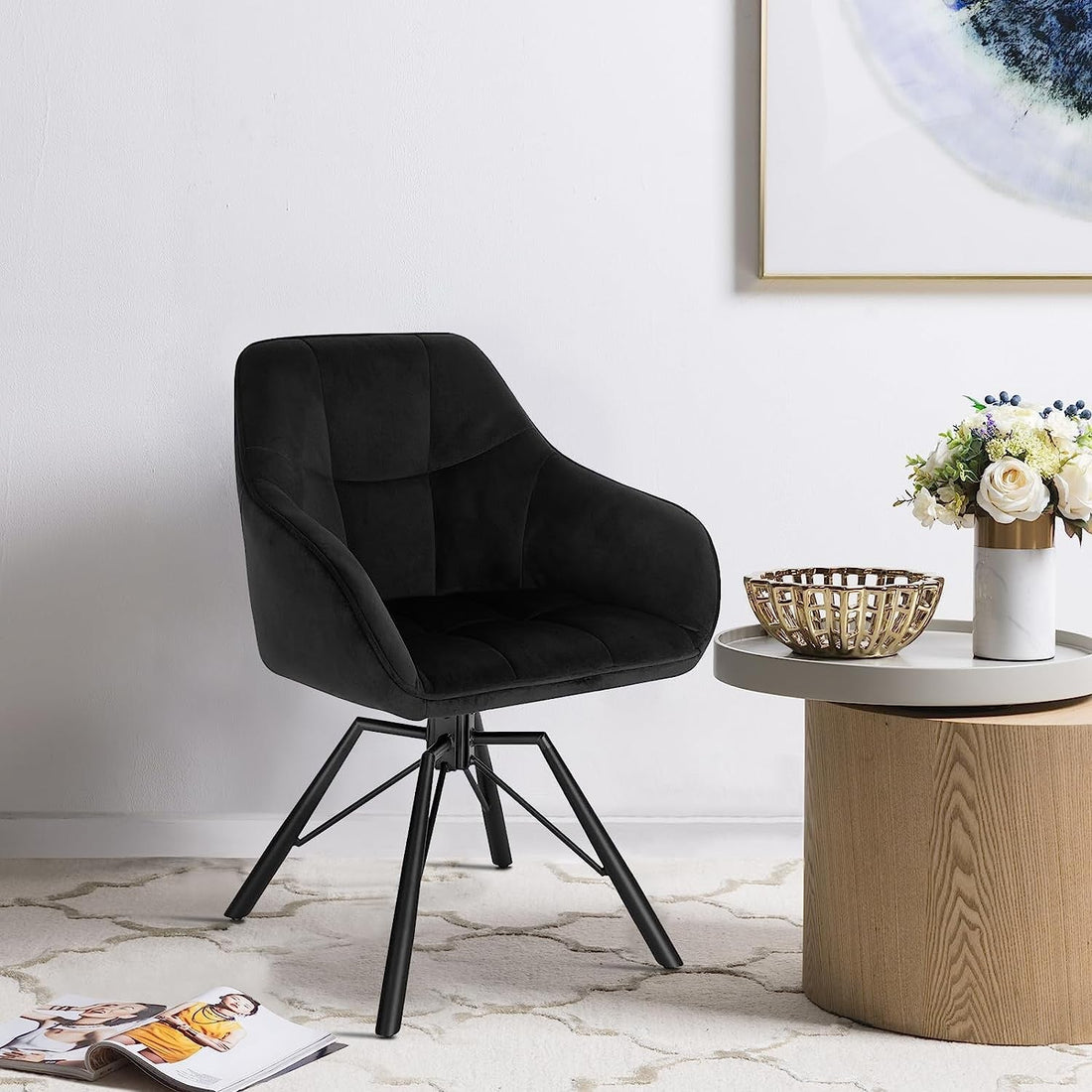 Vridbar matstol med armstöd och sammetsklädsel | Svart | 58,5x54,5x82,5 cm