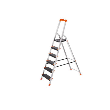Aluminium trapladder 6 treden, inklapbaar, grijs/zwart/oranje - 48,5 x 12 x 202 cm