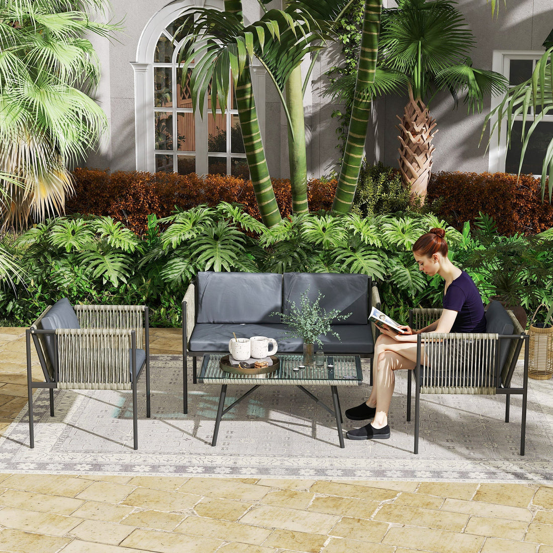 4-teilige Gartenmöbelgarnitur mit Sofa, Sesseln und Tisch | Farbe: Grau | Abmessungen: 65x116x68 cm