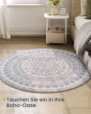 Rond vloerkleed boho – duifgrijs – polyester/vilt/TPR – Ø120 cm – lichtgewicht