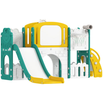 7-in-1 peuterspeelset met glijbaan | Kleur: Geel, groen | Afmetingen: 150x176x94 cm