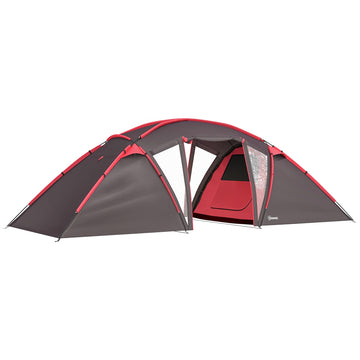 Tunnel tent voor 4-6 personen met 3 kamers | Kleur: Grijs, rood | Afmetingen: 235x615x195 cm