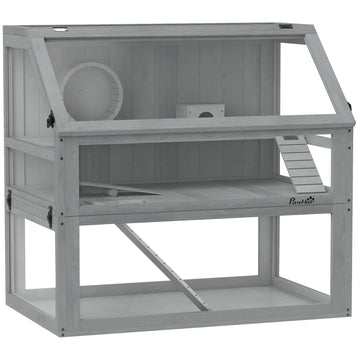 Houten hamsterkooi 3 verdiepingen met diepe bodem | Kleur: Grijs | Afmetingen: 80x50x76 cm