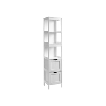 Hoge badkamerkast, wit MDF, 3 open vakken, 2 laden, 30 x 30 x 141,5 cm