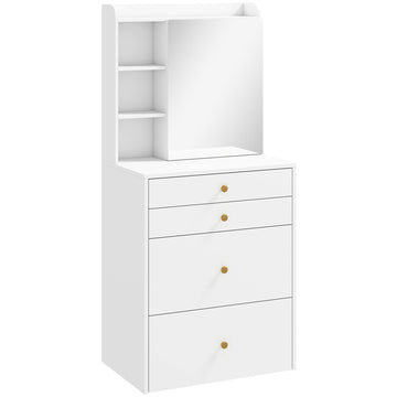 Kaptafel met spiegel en kruk, kast en laden | Kleur: Wit | Afmetingen: 60x40x132,5 cm