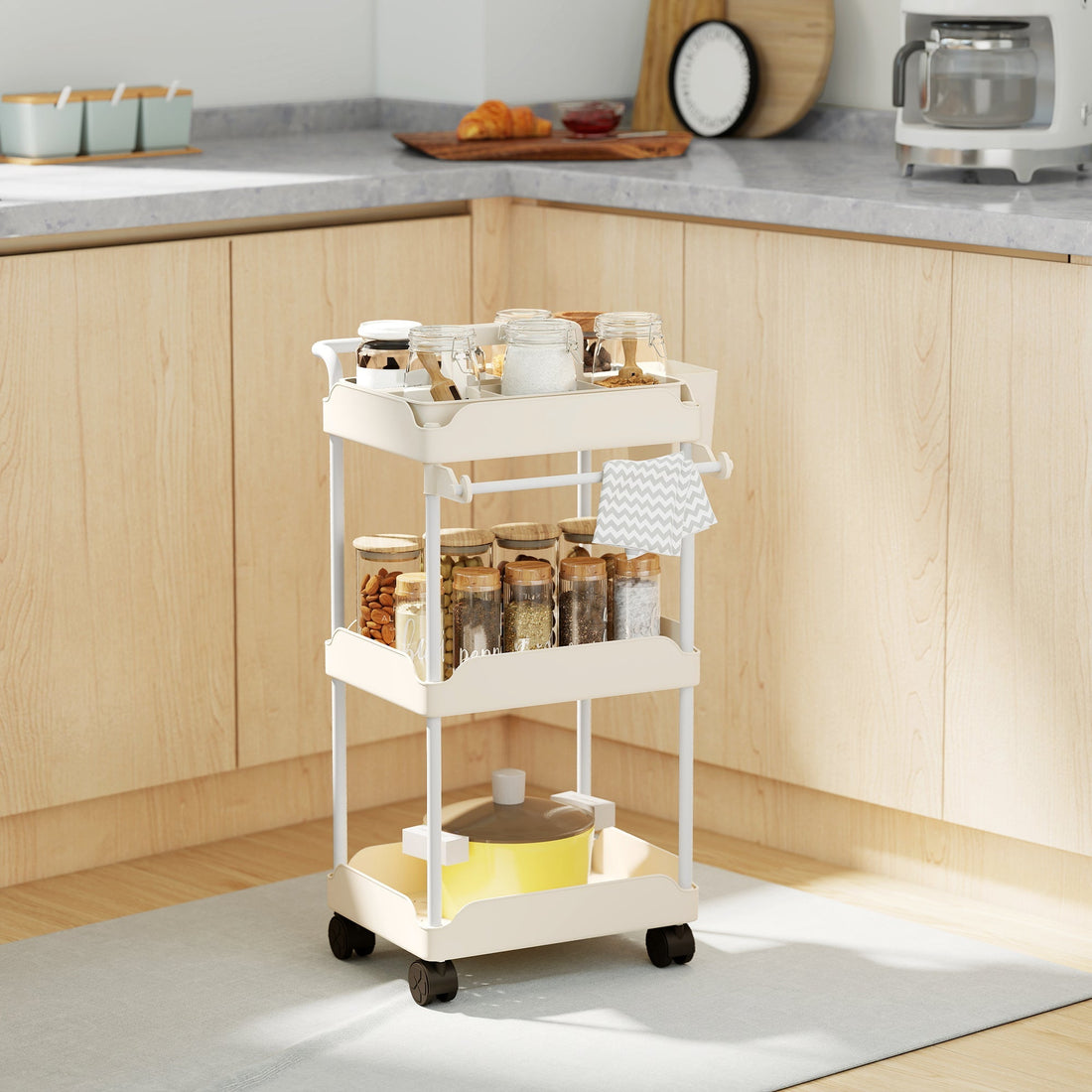 Metalen opbergtrolley met 3 manden en wielen | Kleur: Wit | Afmetingen: 42.5x42x76 cm