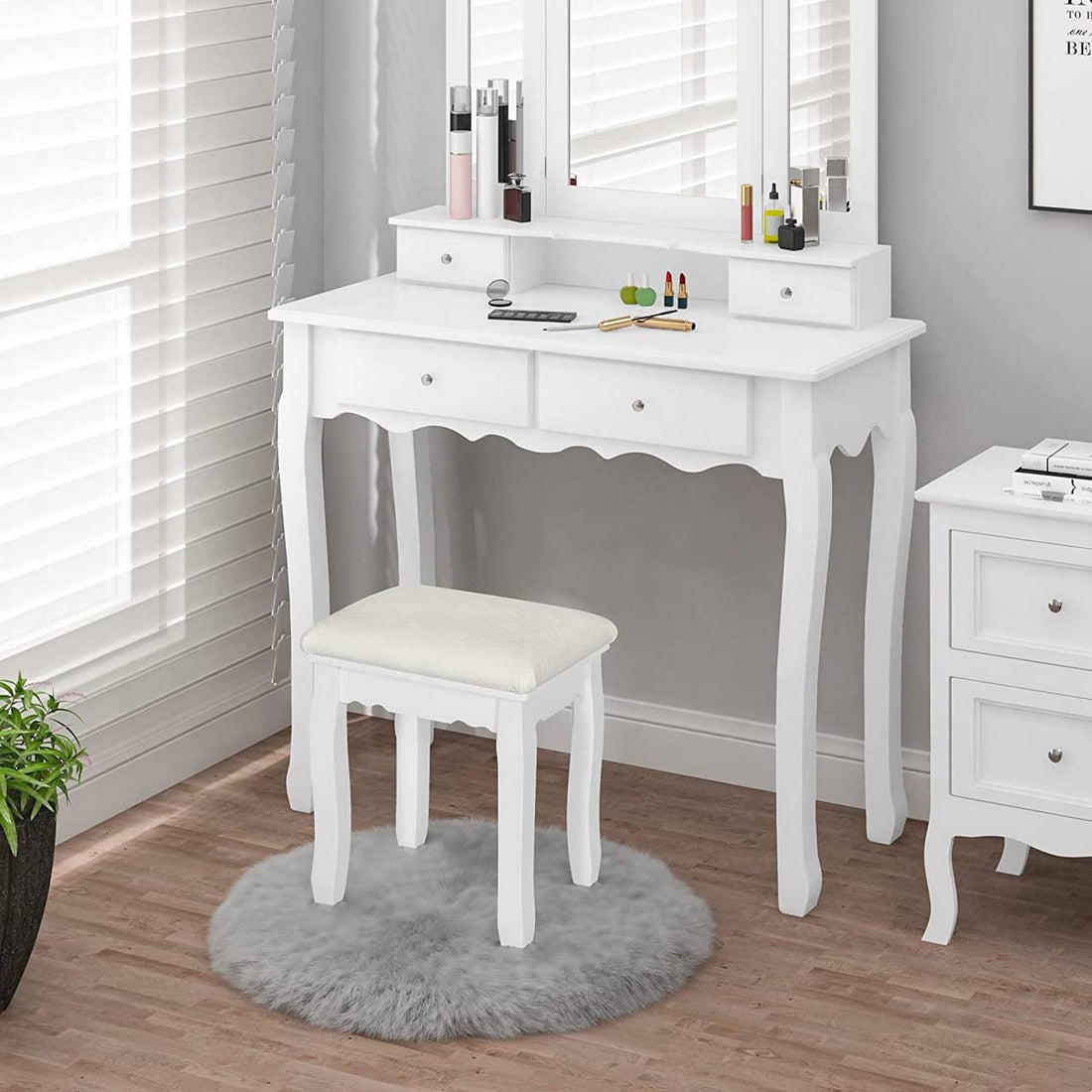 Make-upkruk pianokruk fluwelen zitting massiefhouten poten | Wit | 38x28.5x45 cm