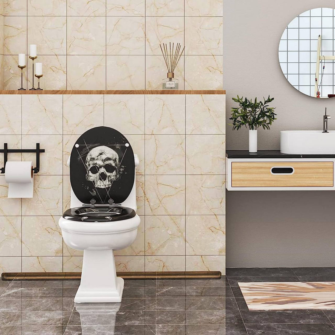 MDF-Toilettensitz mit Absenkautomatik Totenkopf-Motiv | Schwarz