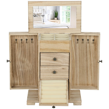 Houten sieradendoos met spiegel en 4 etages | Kleur: Bruin | Afmetingen: 26.5x16x33.5 cm