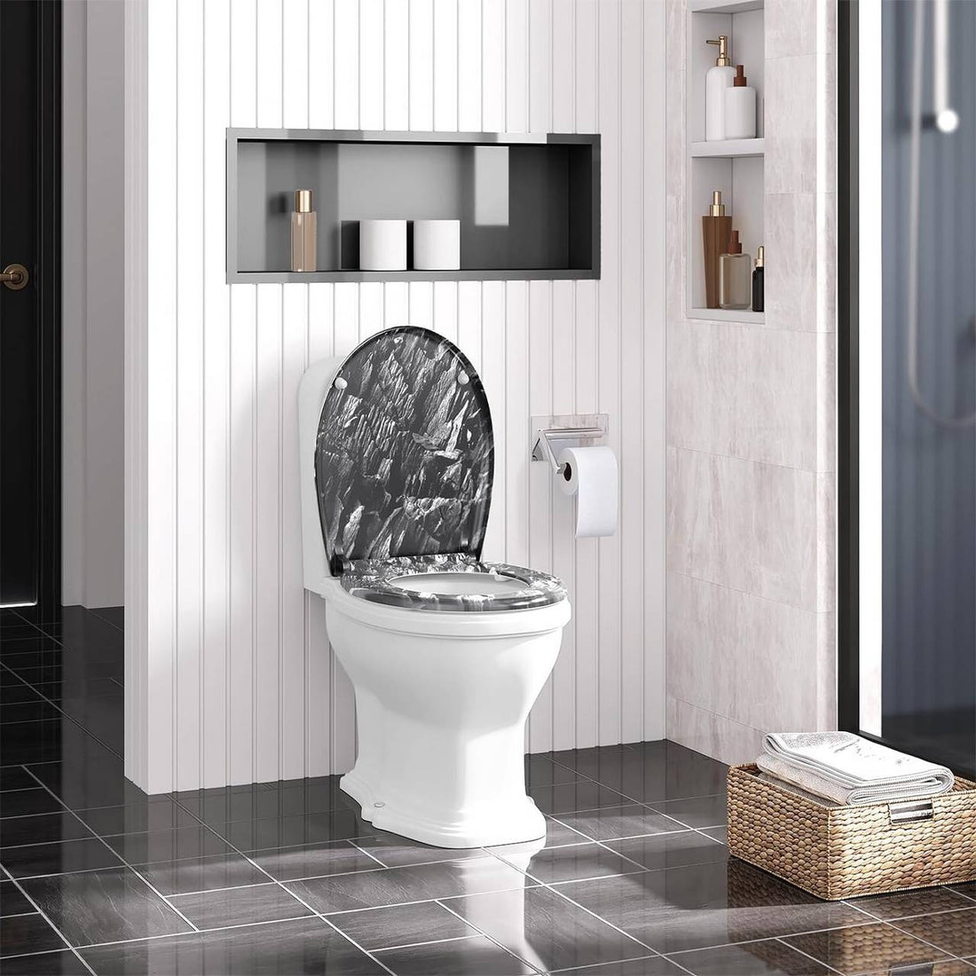 Toilettensitz mit Absenkautomatik, Schnellverschluss, O-Form | Steinmuster