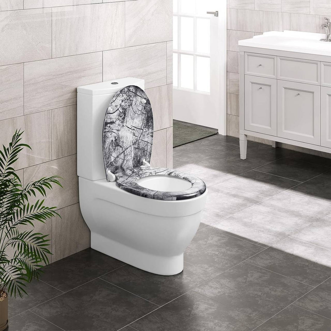 Toilettensitz mit Absenkautomatik, O-Form, Holzmaserung | Anthrazit mit Holzmaserung