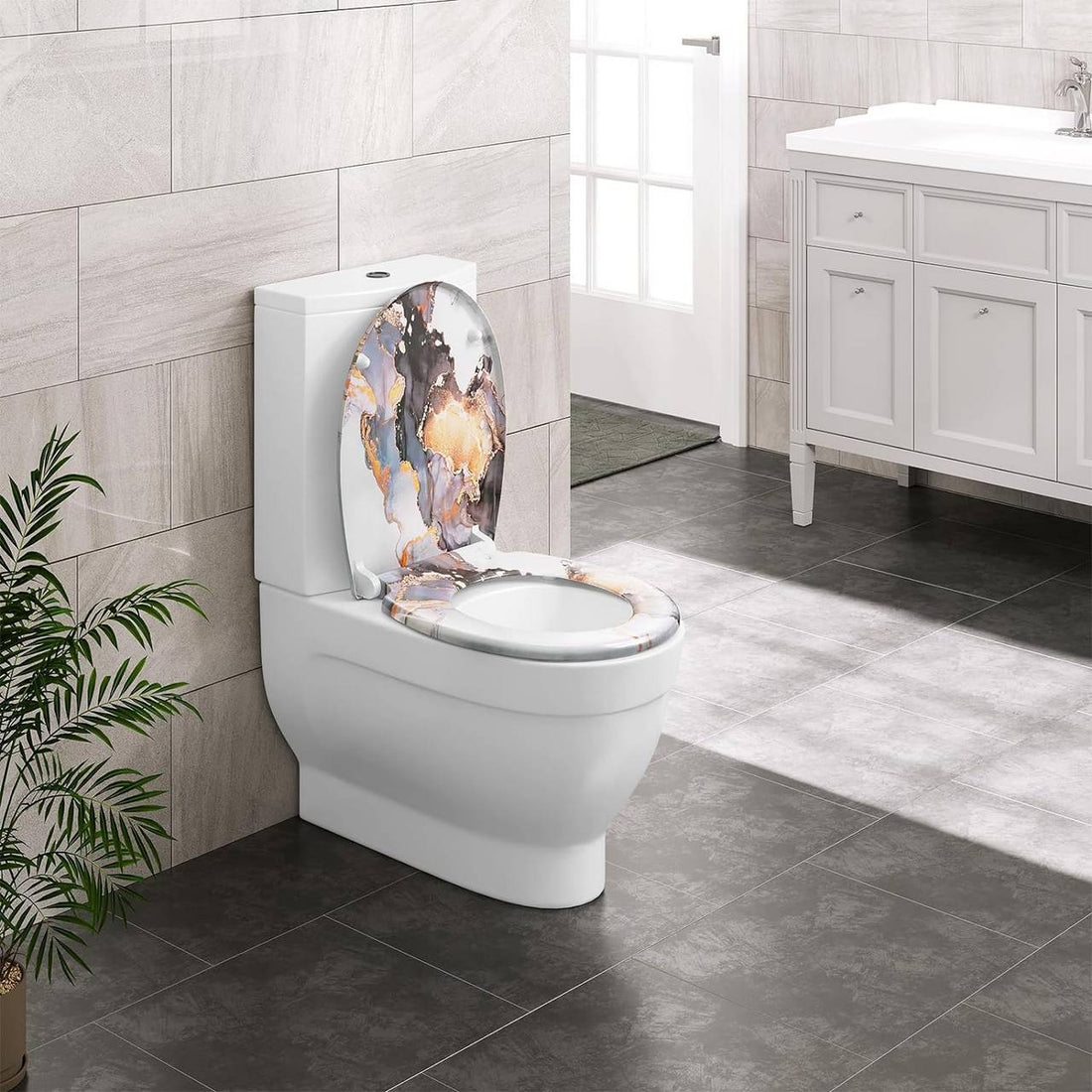 Toilettensitz mit Absenkautomatik, O-Form, abstraktes Marmormuster | Abstraktes Marmormuster