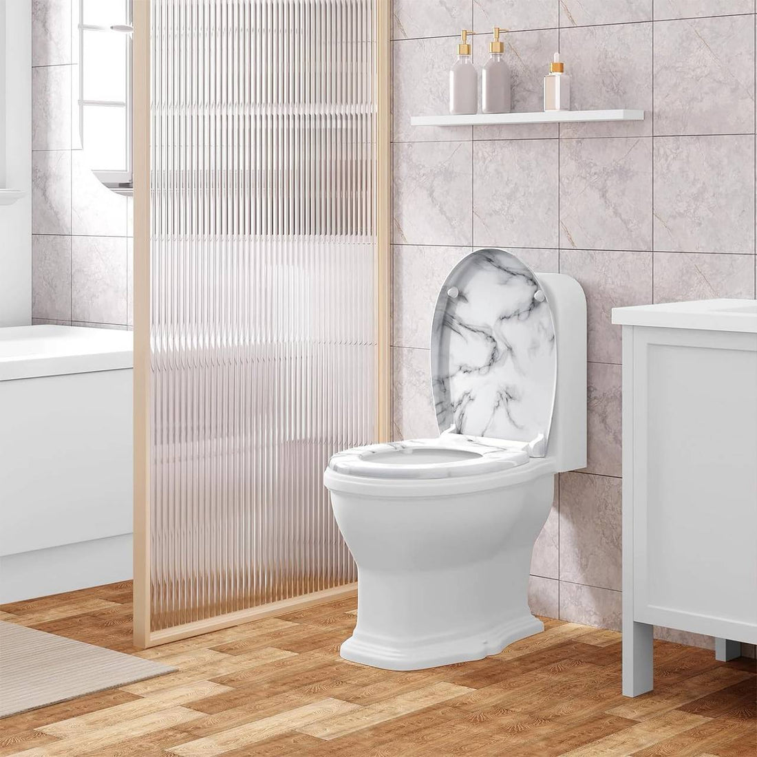 Toilettensitz mit Absenkautomatik und Schnellverschluss, O-Form | Weißes Marmormuster