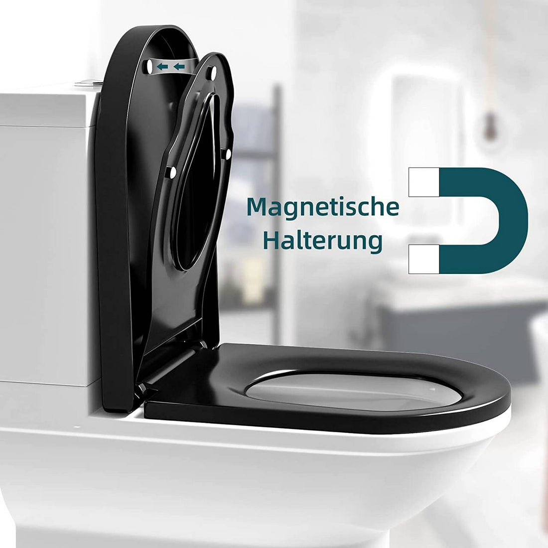 Toilettensitz mit Kindersitz und Absenkautomatik, D-Form, für die Familie | Schwarz