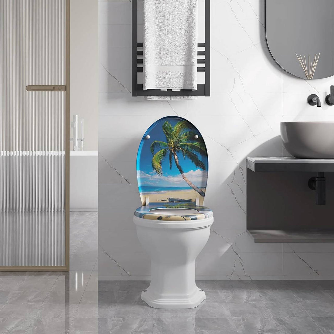 Ovaler Toilettensitz Softclose mit Schnellverschluss und Meeresmotiv