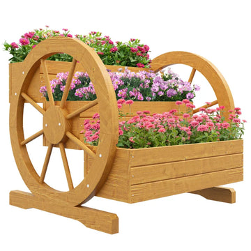 Verhoogde plantenbak 3 niveaus met wagenwiel | Kleur: Teak | Afmetingen: 61x62x57 cm