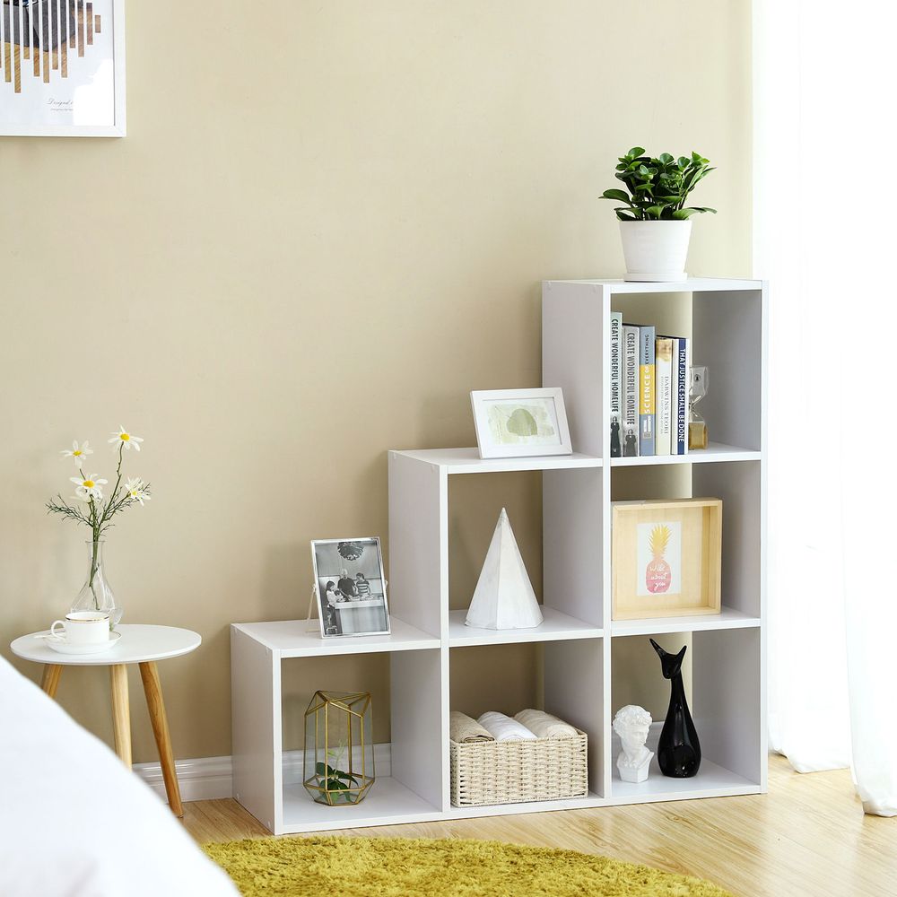 Treppenförmiges Bücherregal mit 6 Fächern, weiß, 97,5 x 97,5 x 29 cm
