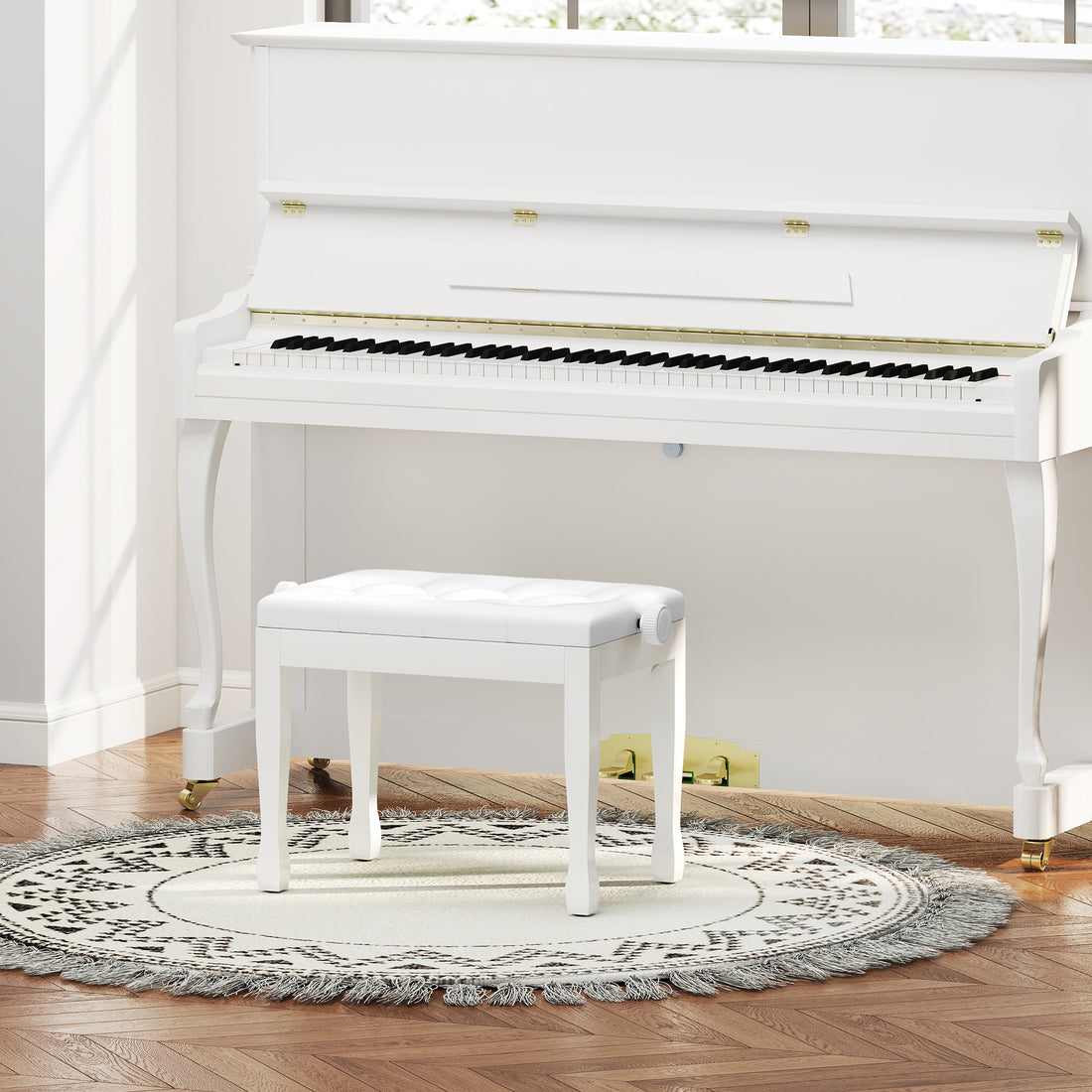 Justerbar pianopall med sits i konstläder | Färg: Vit | Mått: 35x64x45-55 cm