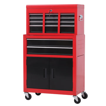 Gereedschapskast met kist - 2-in-1 | Kleur: Rood, Zwart | Afmetingen: 33x61.6x108 cm