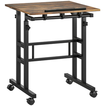 Verstelbare keukentafel met plank en wielen | Kleur: Bruin + Zwart | Afmetingen: 60x60x70.5-120 cm