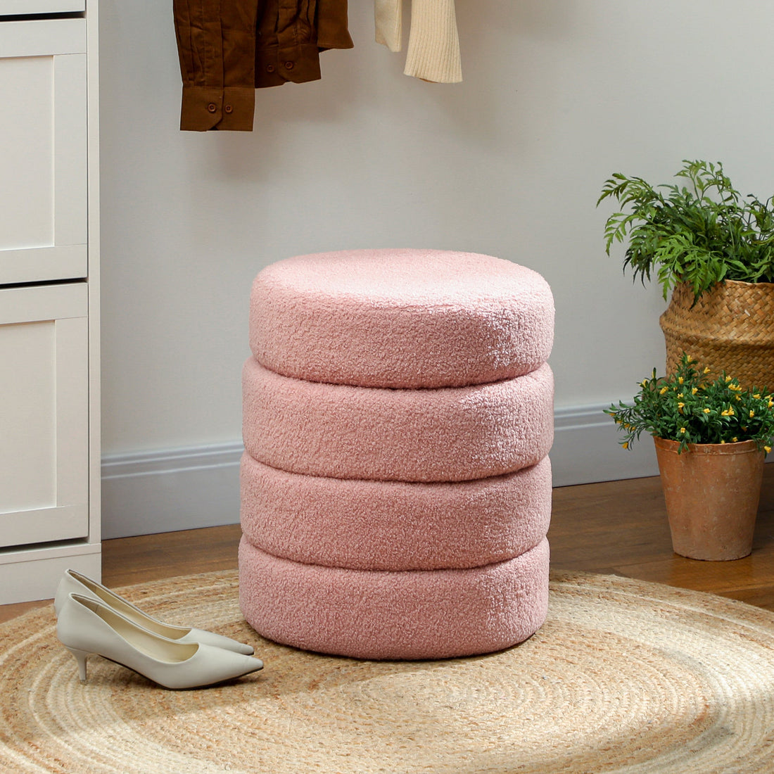 Runder Teddyfleece-Hocker – Rosa | Farbe: Rosa | Maße: 40x40x45 cm