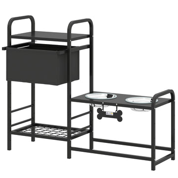 Verhoogde hondenvoerbak met opbergruimte | Kleur: Zwart | Afmetingen: 89,5x27x74 cm