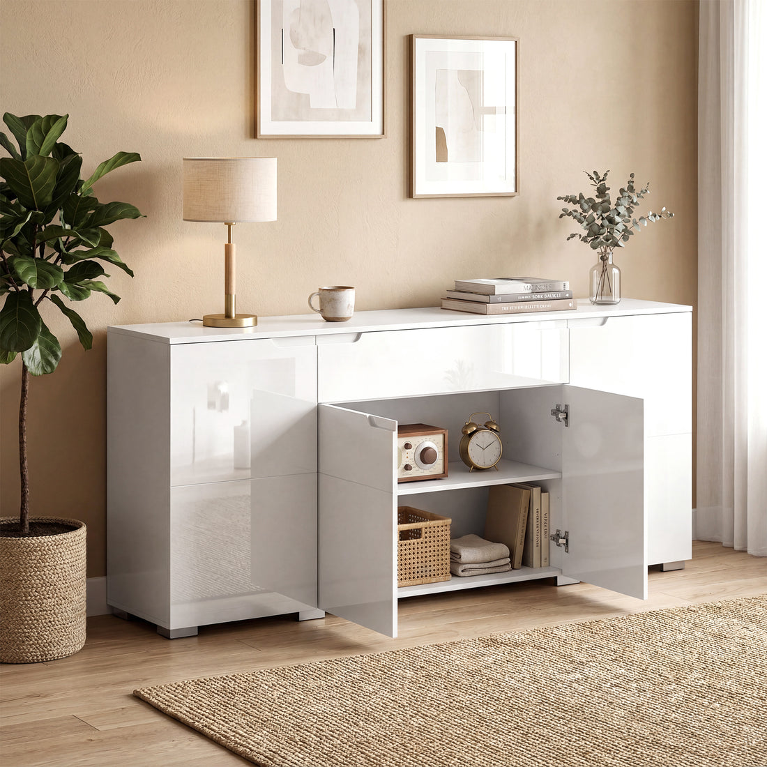 Högblankt sideboard med 4 luckor, mjukstängande | Färg: Högblank vit | Mått: 180x40x80 cm